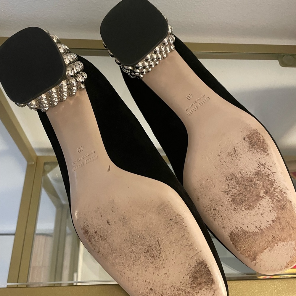 MIU MIU Womens Black Suede Crystal Block Heel Pumps 40/9-9.5- Very Very Nice - Picture 5 of 8